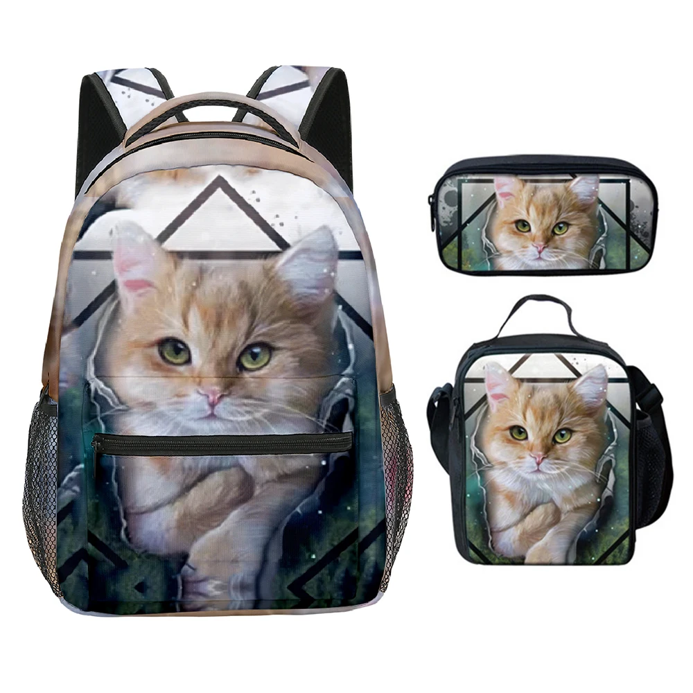 Cartoon Novelty Cool Cute Cat Pattern 3D Print 3pcs/Set Student School Bags Laptop Backpack Crossbody Lunch bag Pencil Case