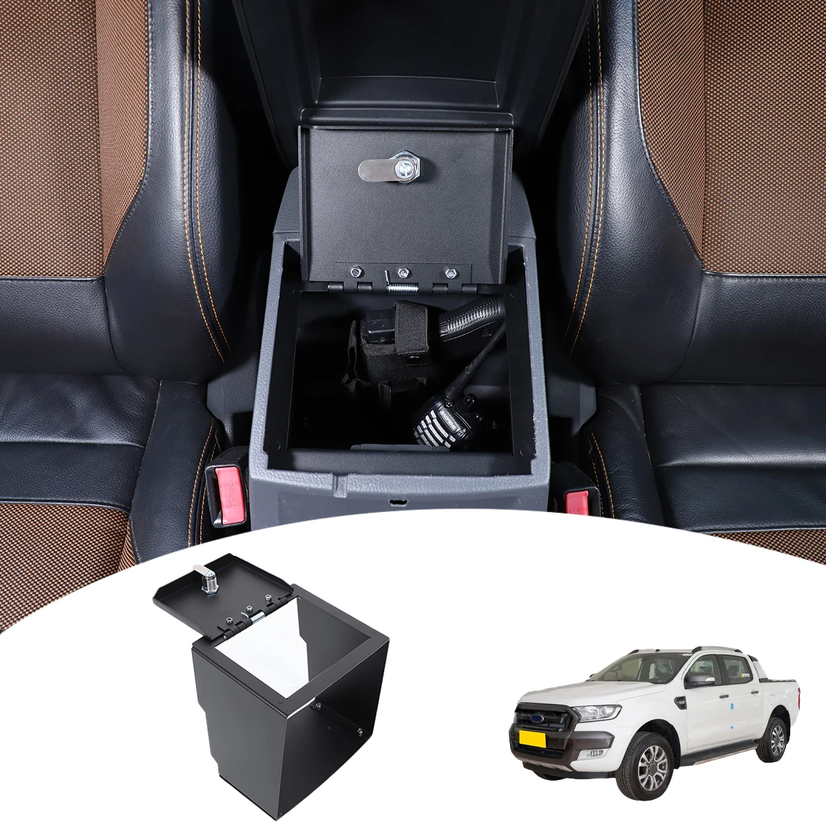 Carbon Steel Black For Ford Ranger 2015-2022 Car Armrest Storage Privacy Password Lock Security Safe Box Interior Accessories