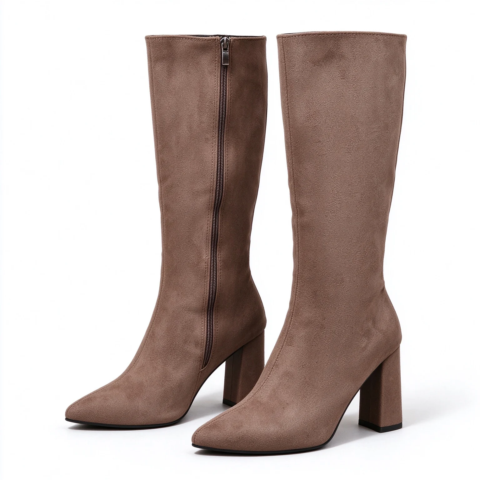 Elegant Winter Knee High Boots Pointed Toe 8.5cm Chunky Heels Suede Look Brown Black Beige Party Office Tall Boots Side Zip