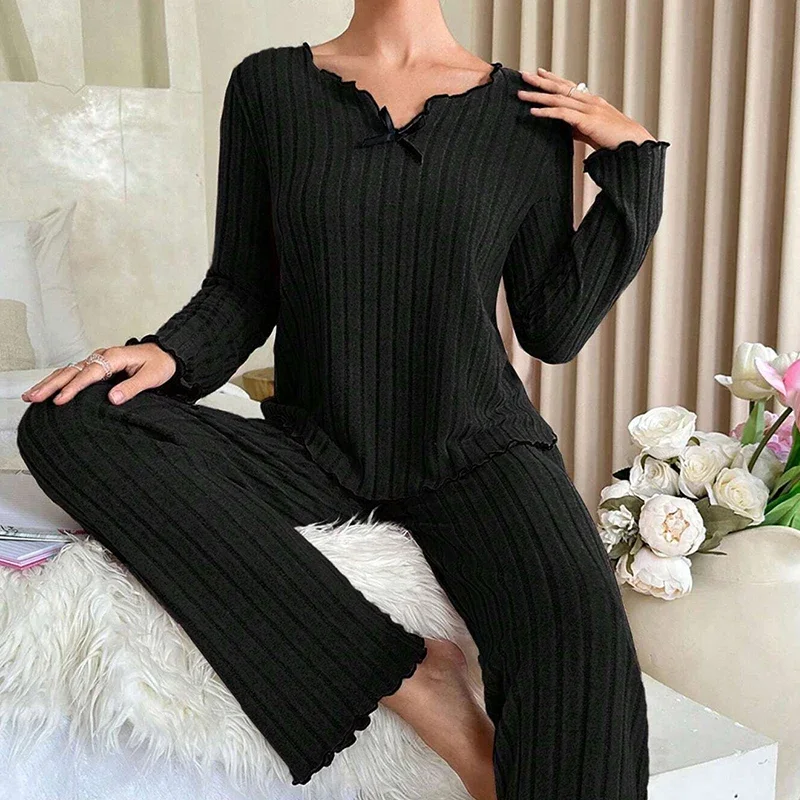 Women Ribbed Pajama Set V Neck Bow Long Sleeve Pants Soft Loungewear Two Piece Sleep Suit Daily Home Bedroom Casual Night Wear image 6