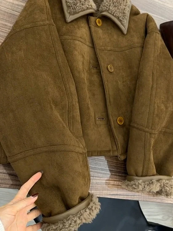 2025 Autumn Winter ort Fur Leather Jaet Women's Vintage Collar Lamb Fur Coat Slimming Korean Sle Loose Fit Ladies Coat