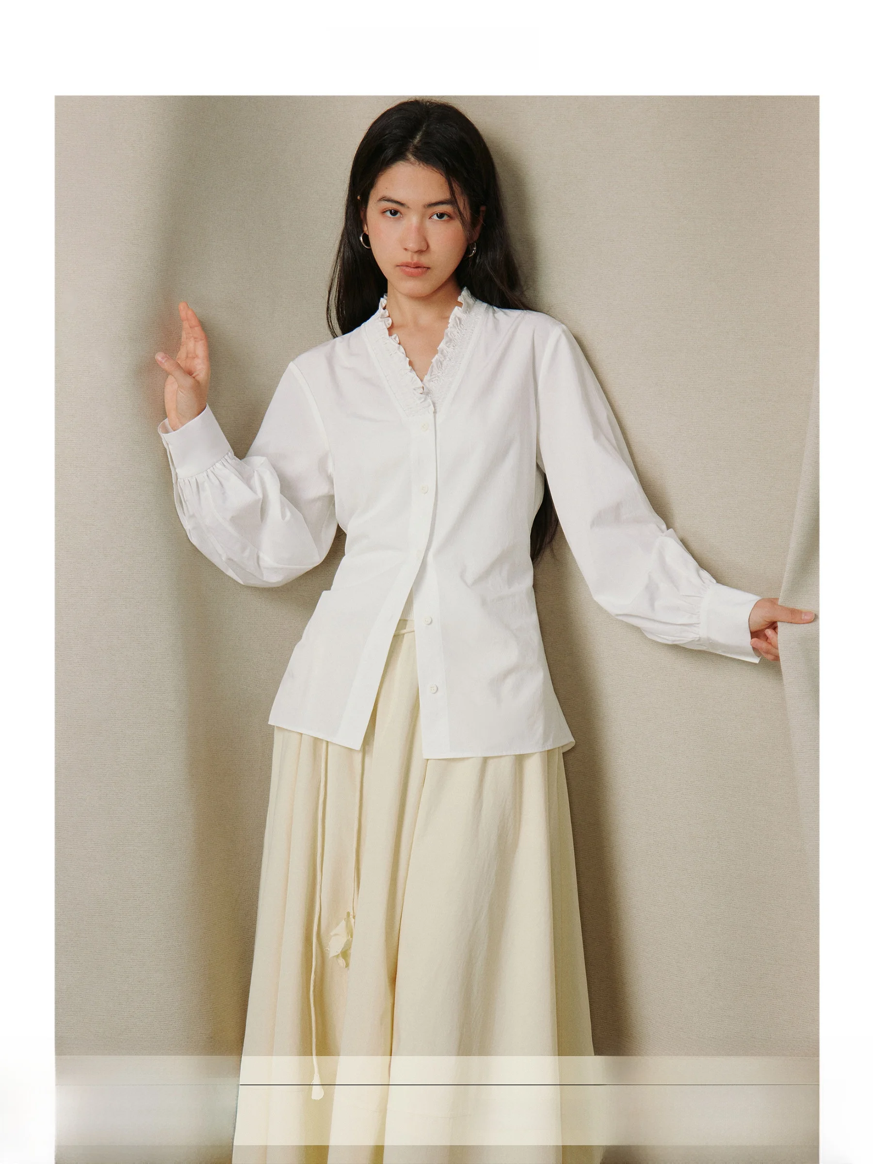 

ForPoem Original Design Commute Series Women's Shirt Tapered Waist Lace Trim White Cotton Blend Long Sleeve V-Neck Spring Fas...