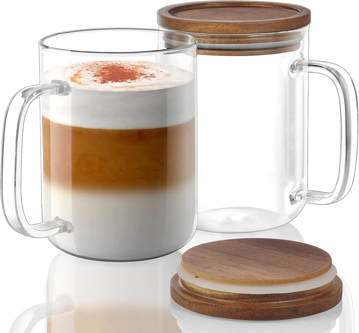 

Набор из 2 прозрачных стеклянных кружек для кофе объемом 20 унций с крышками из акации, термостойкие и пригодные для мытья в посудомоечной машине