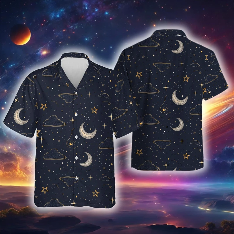 Personalized Abstract Celestial Graphic Lapel Blouse Harajuku Fashion Space Planet Short Sleeve Stars Moon Blouses Women Y2K Top