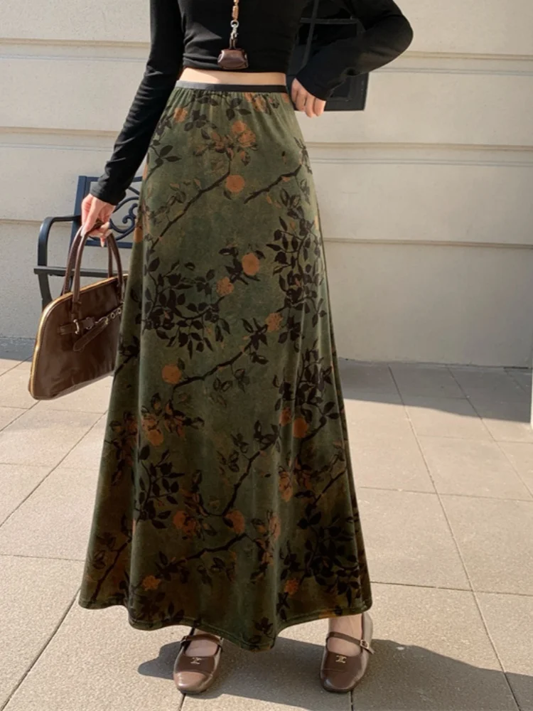 SMTHMA 2025 automne/hiver rétro nouvelle jupe imprimée en velours chinois pour les femmes jupe trapèze taille haute élastique