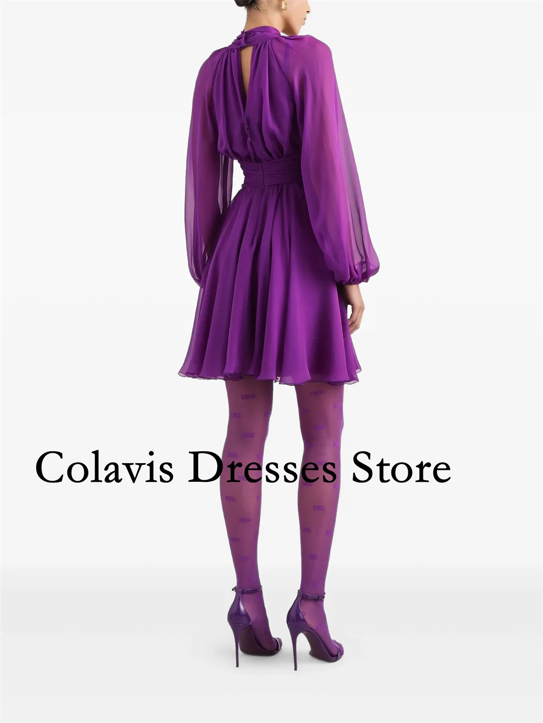 2025年カスタマイズハイネックパフスリーブパープルシフォンミニプロムドレスイブニングドレスレディースイブニングガウンフォーマルパーティードレス