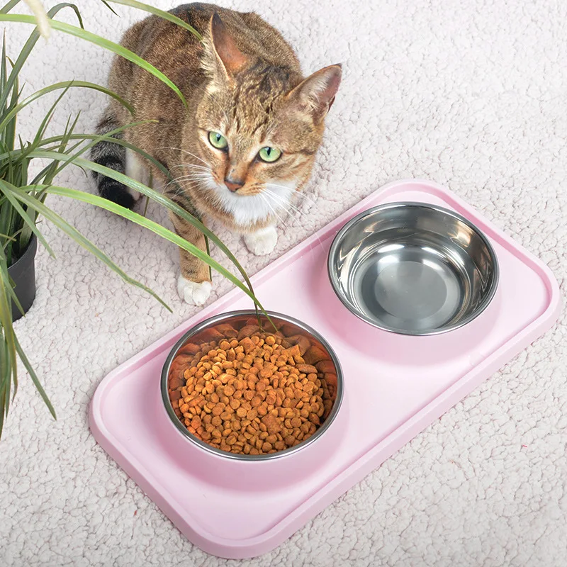 

Multi color pet double bowl anti tipping and anti leakage stainless steel feeder for feeding cats and dogs pet supplies