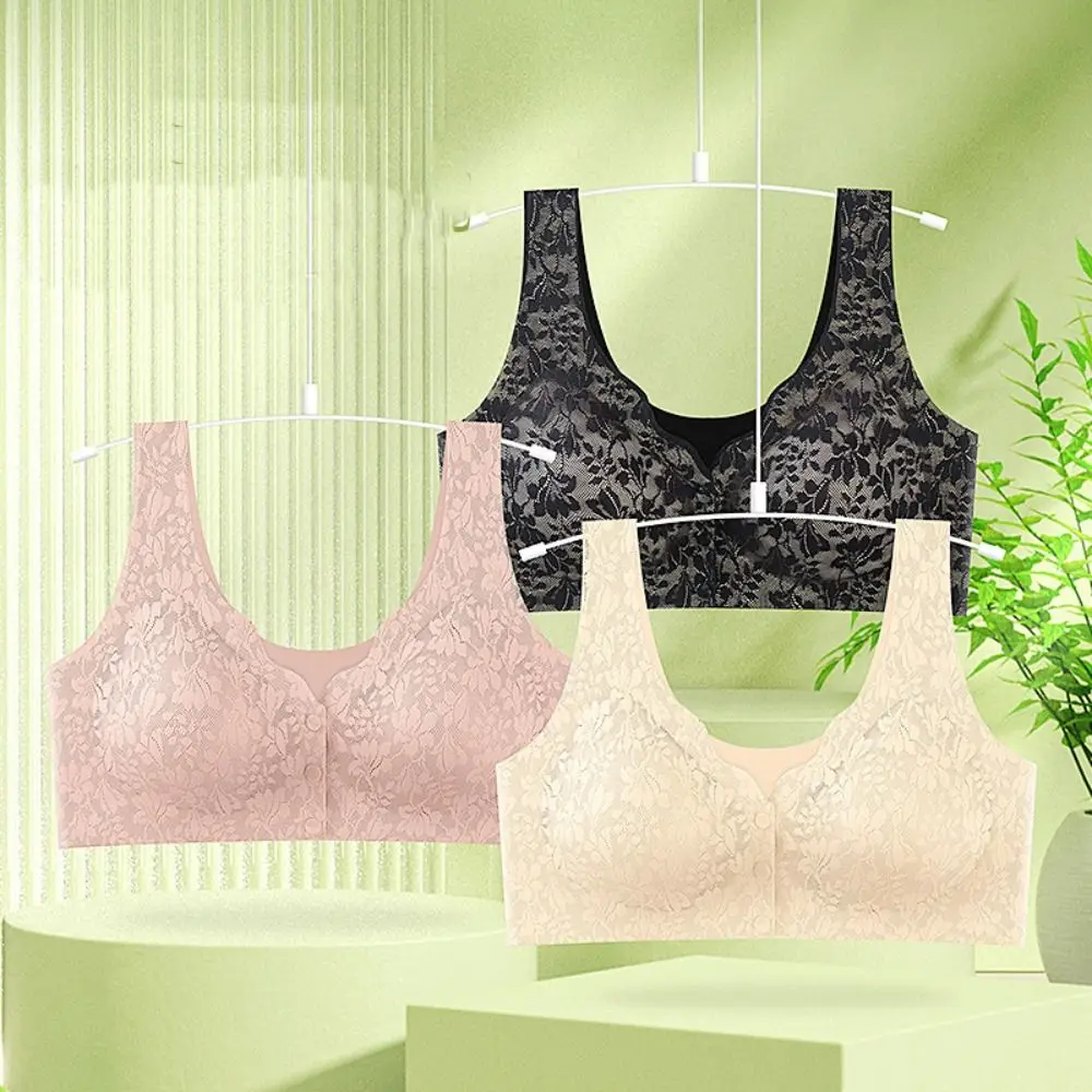 Comfortable Thin Front Button Bra Convenient Widen Straps Women Wireless Bra Plus Size Vest Lace Flower Underwear Women