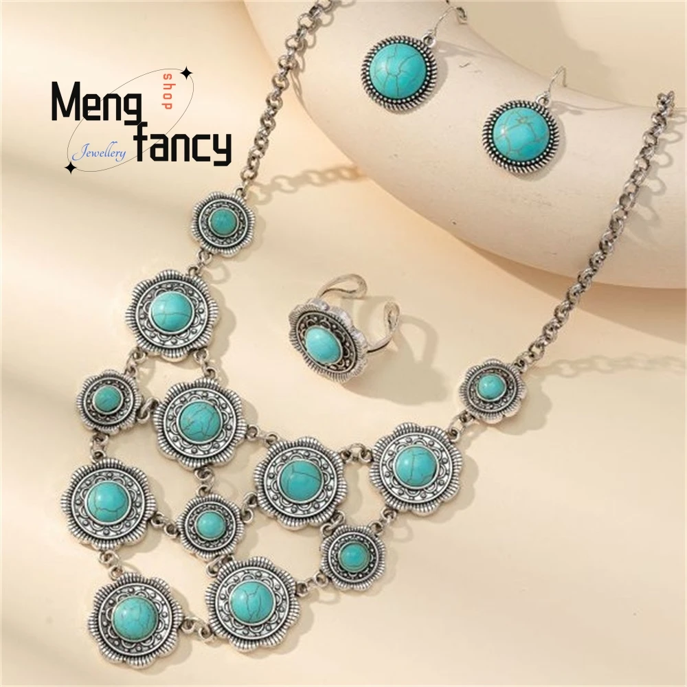 البوهيمي خمر متعدد الطبقات جولة الأبيض الصنوبر والأزرق الصنوبر قلادة أقراط خاتم مجموعة مجوهرات الأزياء الأنيقة رائعة