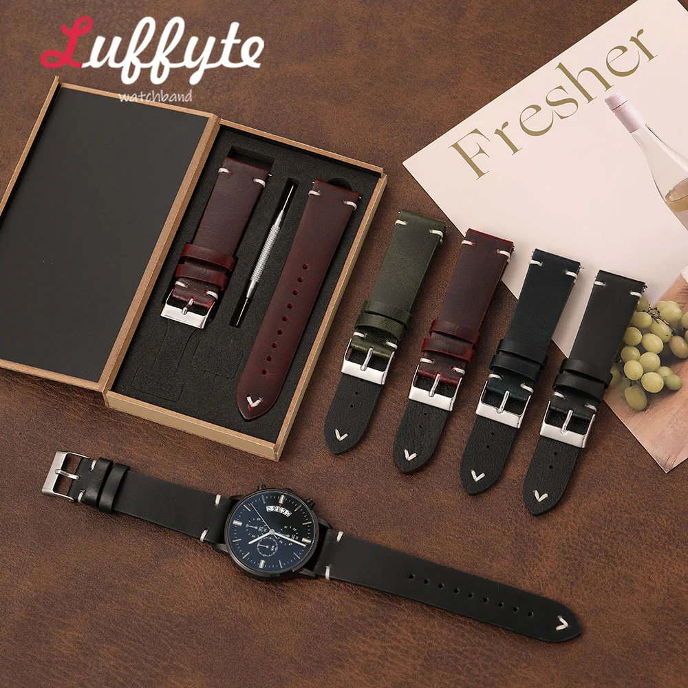 Vintage Men Calfskin Genuine Leather Wristband 18 20 22mm Quick Release Spring Bar Gift Packing Box Fashion Comfortable Strap