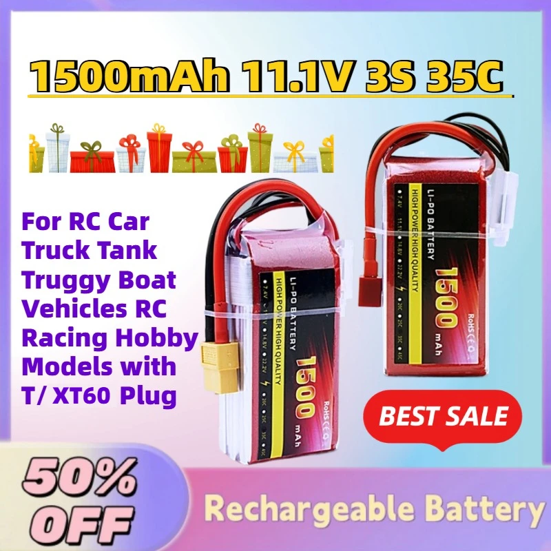 

Upgrade 1500mAh 11.1V 3S 35C Lipo Battery for RC Car Truck Tank Truggy Boat Vehicles RC Racing Hobby Models with T/XT60 Plug