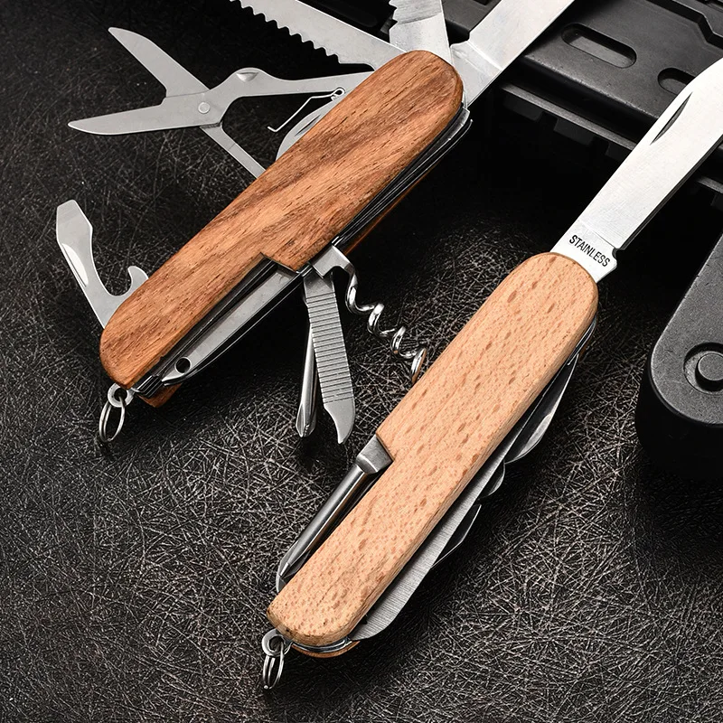 Multifunctional Swiss Army Knife, Outdoor Multi-Purpose Wooden Handle Pocket Knife, Creative Souvenir, Small Folding Knife view 4