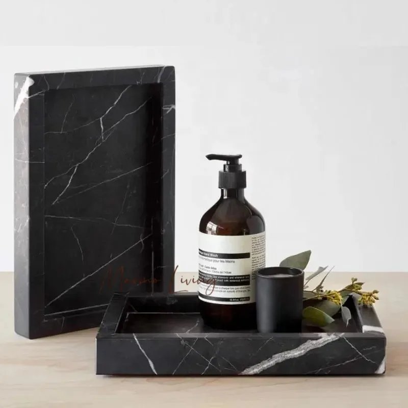 

Black Nero Marquina Marble Tray Rectangle Aromatherapy Diffuser Tray Scented Candles Holder Perfume Dish Bathroom Vanity Tray