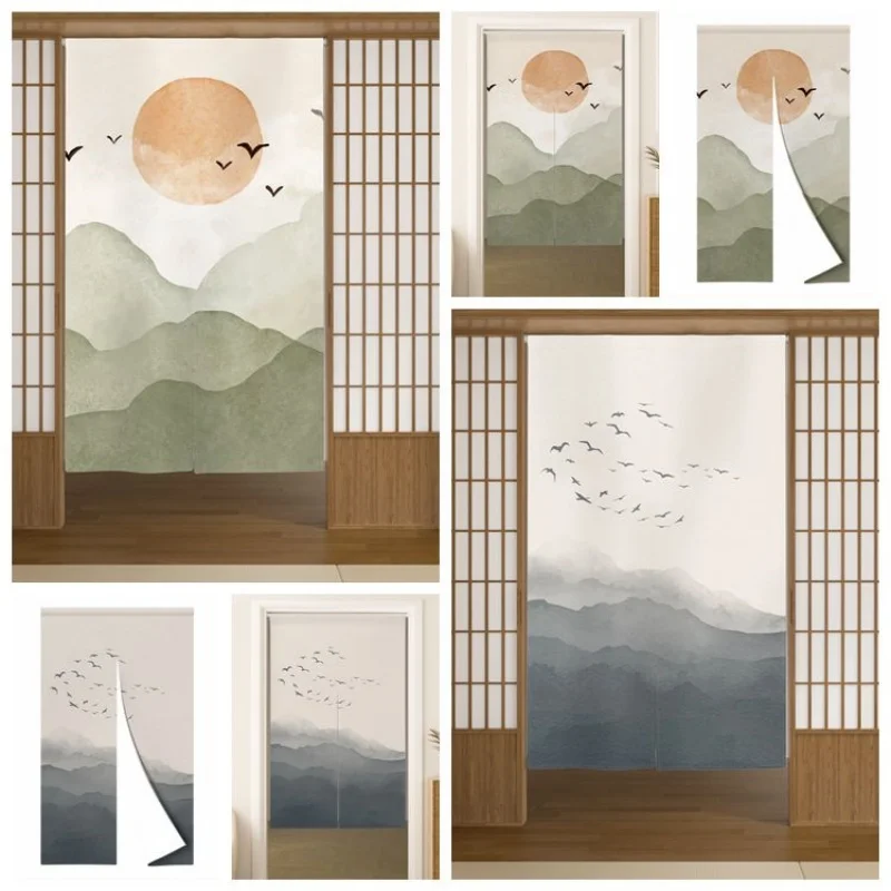 Japanese Ink Wash Door Curtain Mountain Sunset Blackout Partition Hanging Half Curtain Kitchen Entrance Decor Curtains For Doors