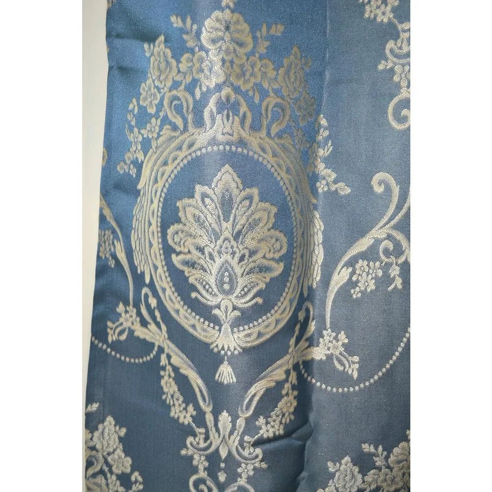 Tende jacquard extra lunghe blu grigio con motivo reale argento/oro, larghezza 100, lunghezza 16-18 piedi per installazione superiore con passacavo