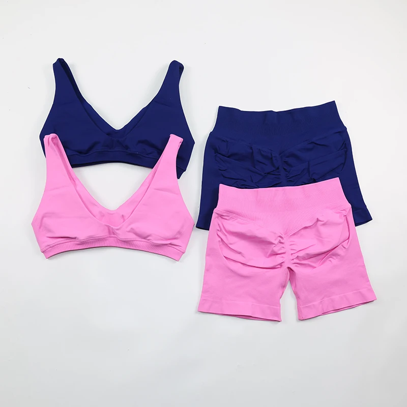 2 Piece Seamless Yoga Set V-neck Scoop Back Sports Bra Scrunch Butt Gym Shorts Sets Workout Clothes Women Fitness Outfit