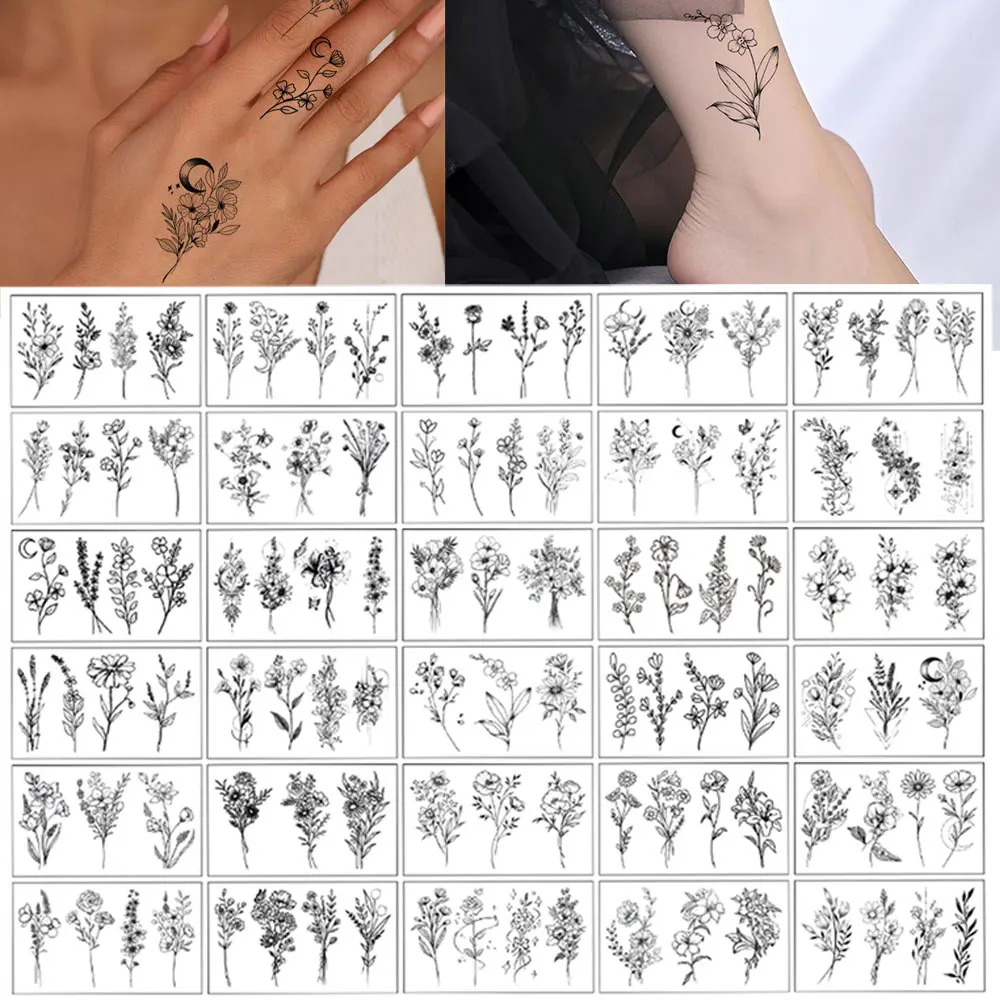 

30pcs Black Little Flower Blossoms Fake Tattoo Sticker Women Temporary Tattoo Women Hands Back Body Art