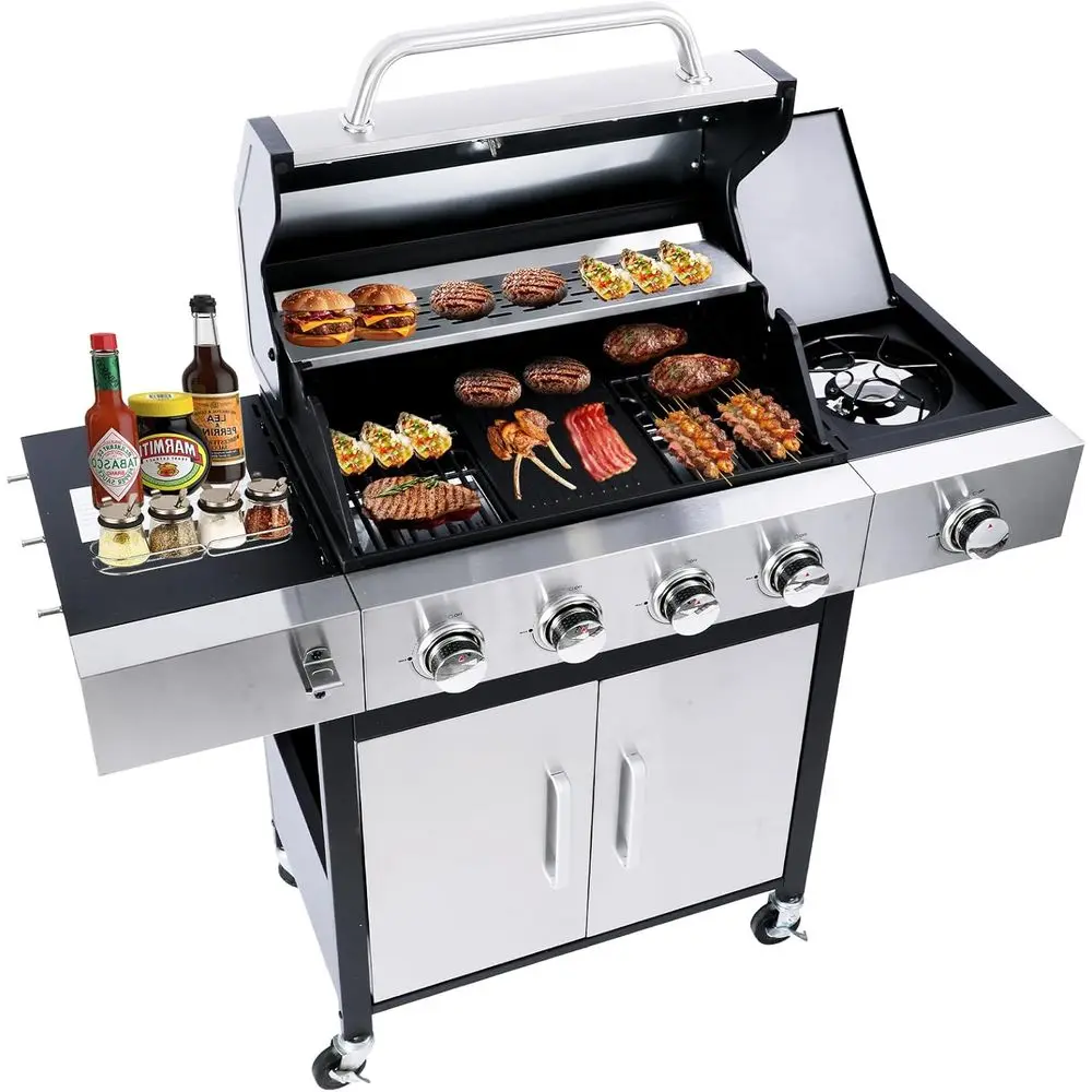 

4-Burner Propane Gas Grill with Side Burner, 52,000 BTU Cast Iron BBQ Grill, Stainless Steel Lid, Ideal for Outdoor, Balcony, Ba
