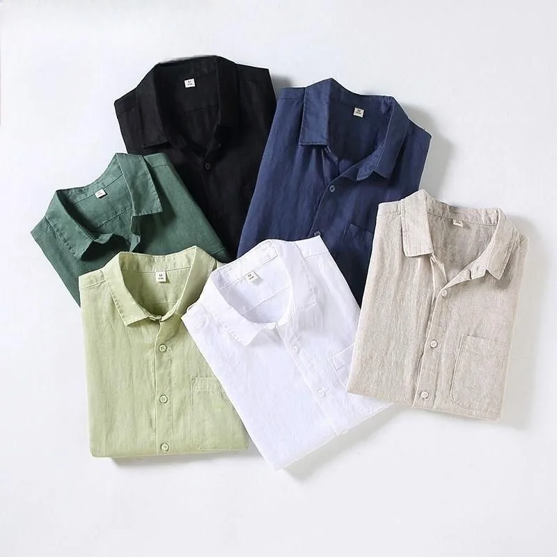 

Summer Pure Color Men's Short Sleeve Shirt Loose Linen Material Vintage Casual Basic Thin Style Men's Shirt Citywalk Breathable