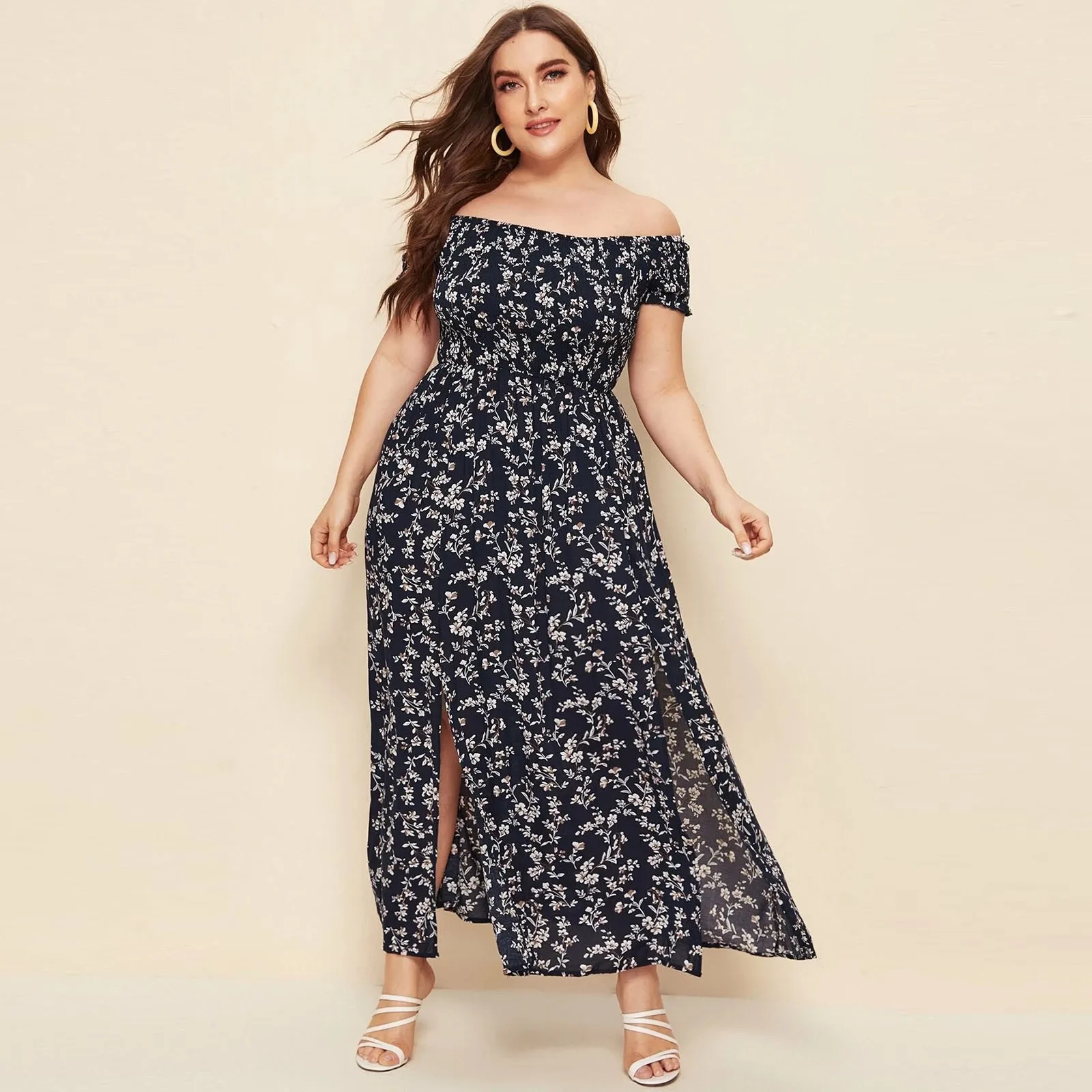 

2024 New Women Summer Plus Size Dress Chest Wrapped Short Sleeve Split Flowy Hem Off Shoulder Print Maxi Boho Dress Streetwear