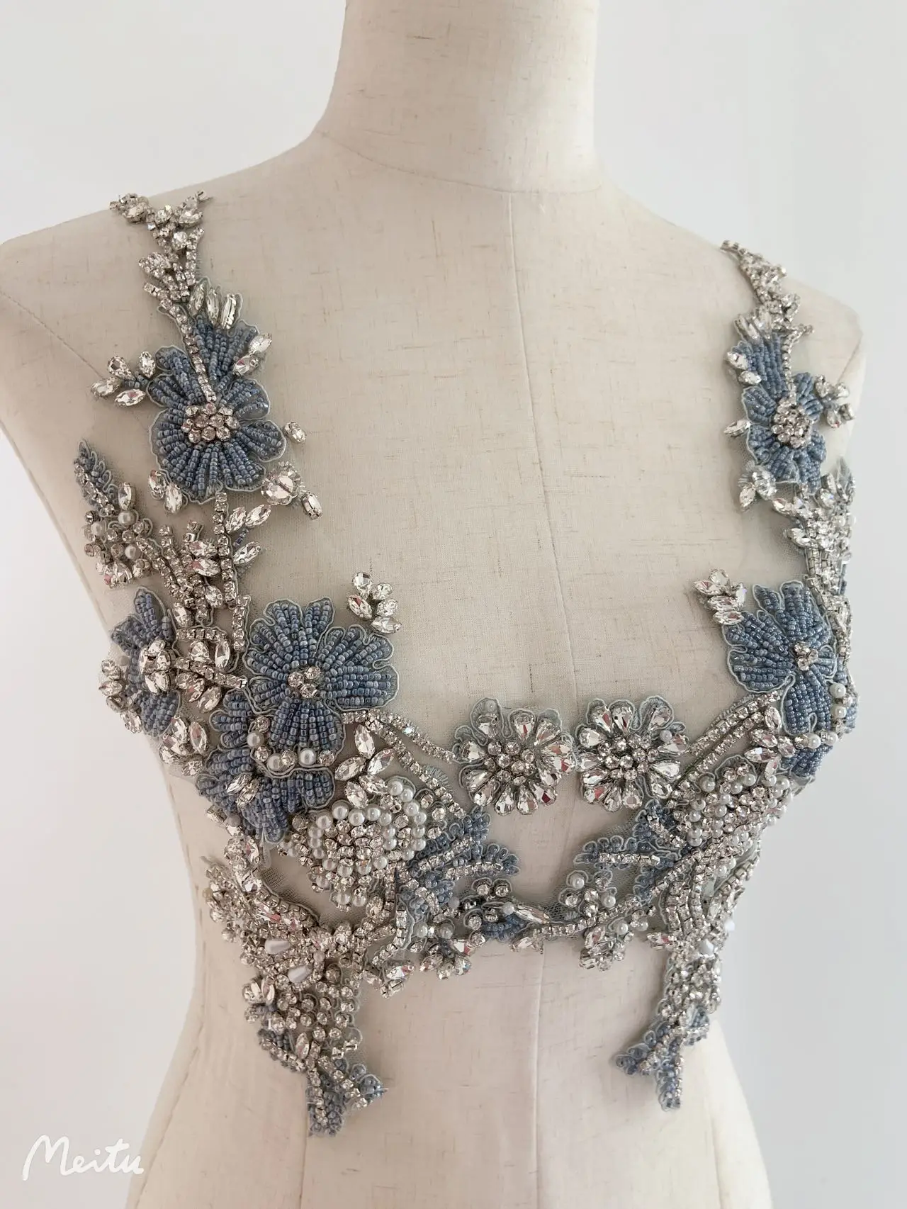 

Pale Blue Diamond Bead Flower Bodice Patch Silver Rhinestone Pearl Applique for Couture,Wedding Dress,Crystal Clothing,Corset