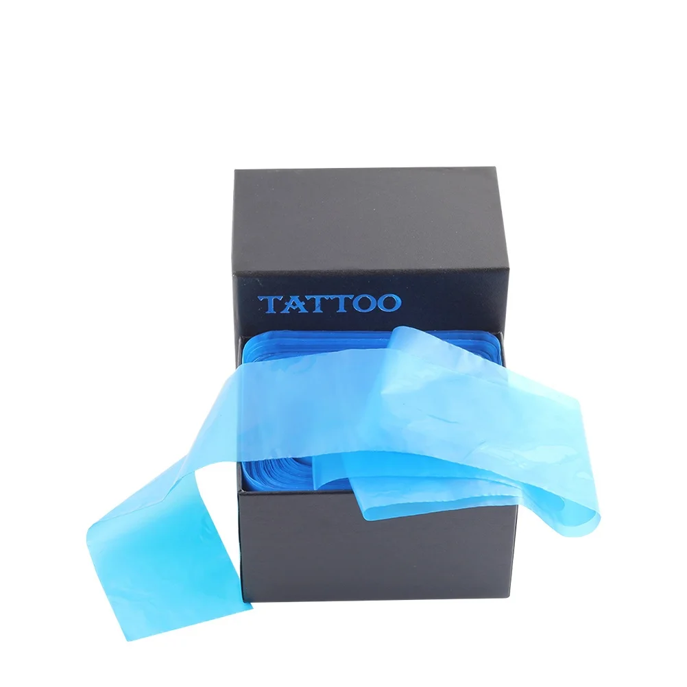 100 szt. Torebek na sznurki z klipsem, jednorazowe osłonki, profesjonalna higiena, plastikowe rękawki do maszyn, niebieskie torebki na sznurki z klipsem, jednorazowe osłonki.