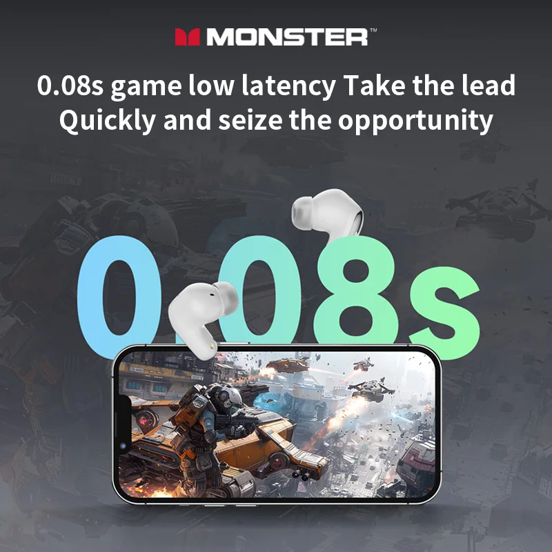 Monster MQT52 TWS بلوتوث 5.4 سماعات الألعاب الحد من الضوضاء سماعات تشغيل سماعات أذن رياضية الكمون المنخفض HD دعوة سماعة