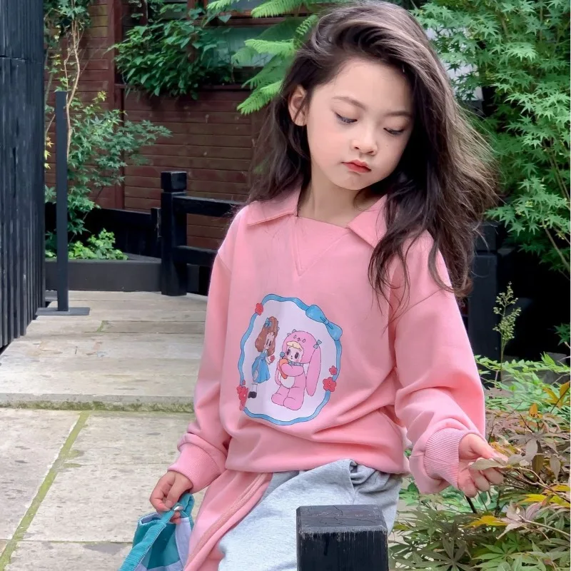 

2024 New Girls Spring Autumn Two Piece Sets Top Pant Pink Cartoon Loose Soft Fashion Turn-down Collar All-match Outdoor Sweet