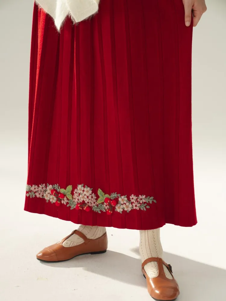 62-96cm Waist Fall Winter Red Skirts Women Elegant Handmade Embroidery Crochet Red Fruit Cashmere Wool Knitted Pleated Skirt
