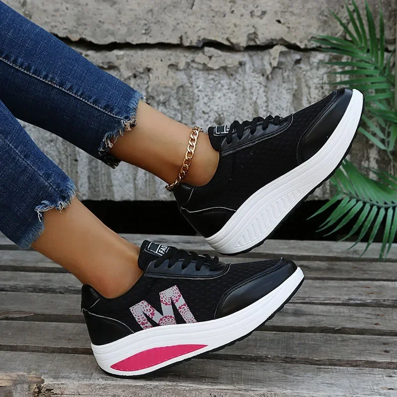 Running Shoes for Women 2024 Fashion Mesh Breathable Sneakers Lace Up Wedge Platform Shoes Ladies Outdoor Casual Sport Shoes