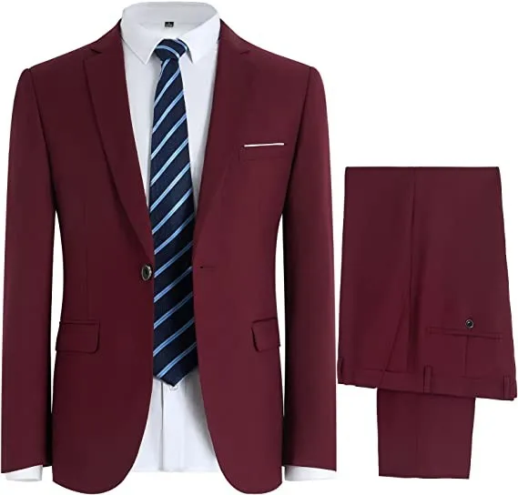 

Lansboter Burgundy Men Suit 2 Pieces Slim Notched Lapel Simple Button Formal For Wedding Groom Party Banquet Jacket With Pants