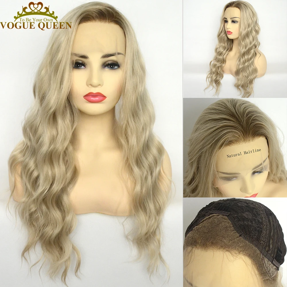 

Vogue Queen Ombre Ash Blonde Synthetic Lace Front Wig Light Brown Root Deep Wave Heat Resistant Fiber For Women