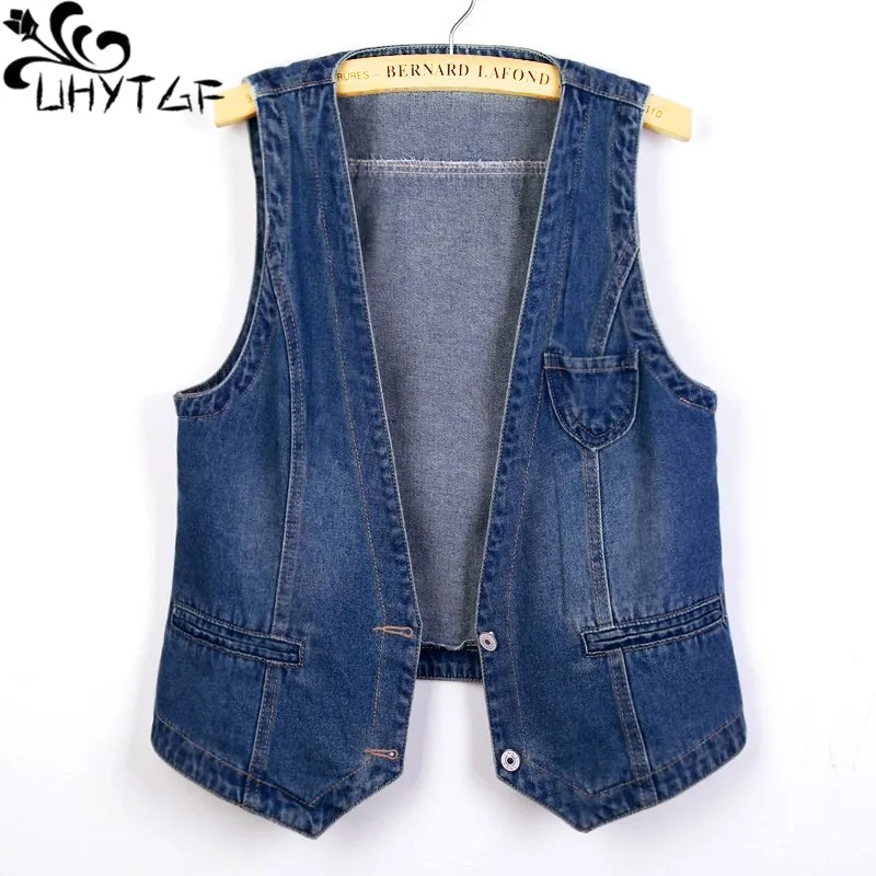 

UHYTGF 6XL Spring Autumn Denim Vest Women Fashion Blue White Sleeveless Jacket Female Casual Short Jeans Waistcoat Coat Lady 295