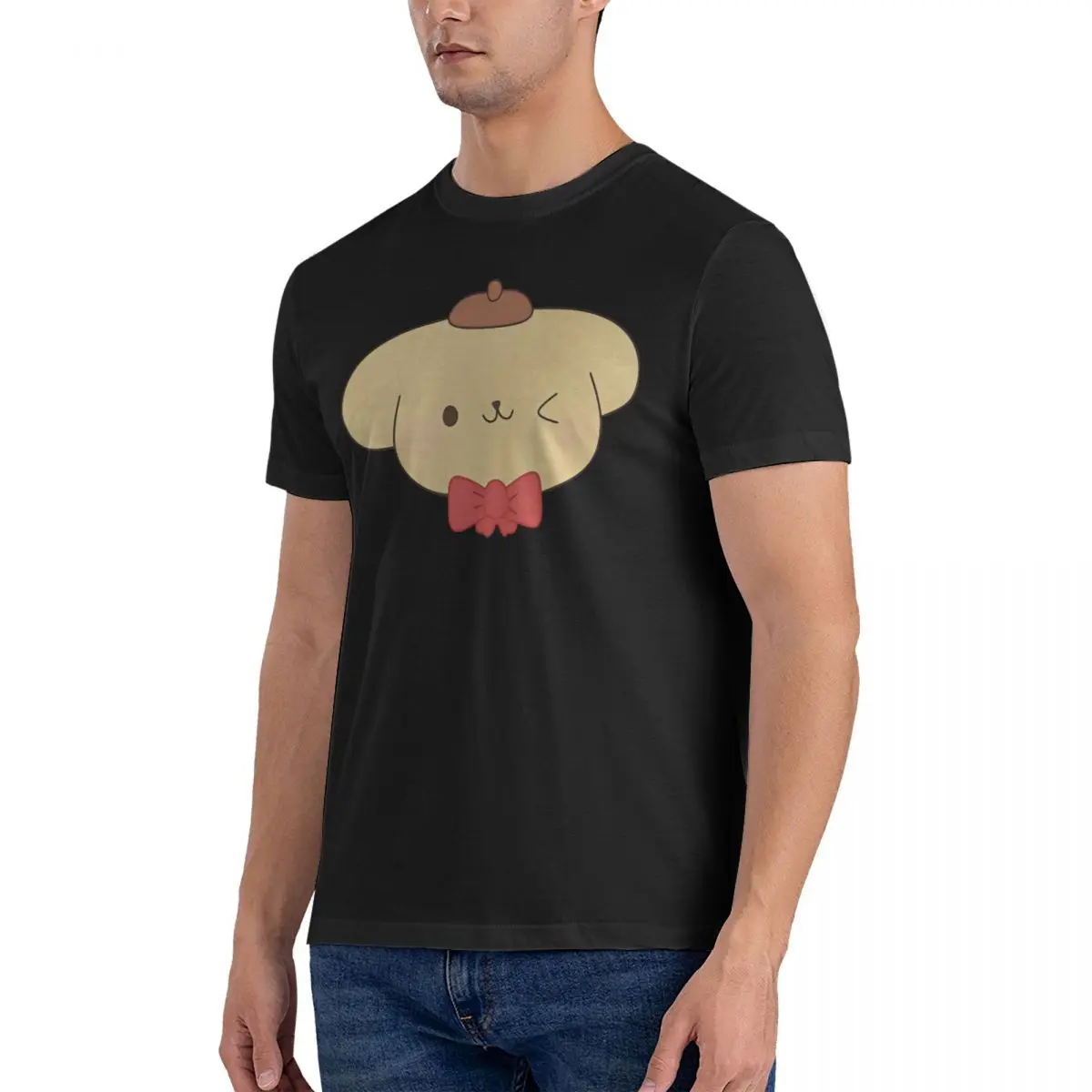 Sanrio Cartoon Character Men's T Shirts Pompompurin Novelty Tee Shirt Short Sleeve Round Neck T-Shirt Pure Cotton Clothing