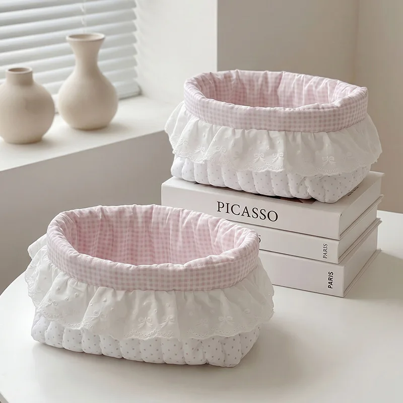 Foldable Ruffle Edge Storage Basket Cute Oval Lace Storage Box Pink Dots Desktop Storage Basket Desktop Decoration