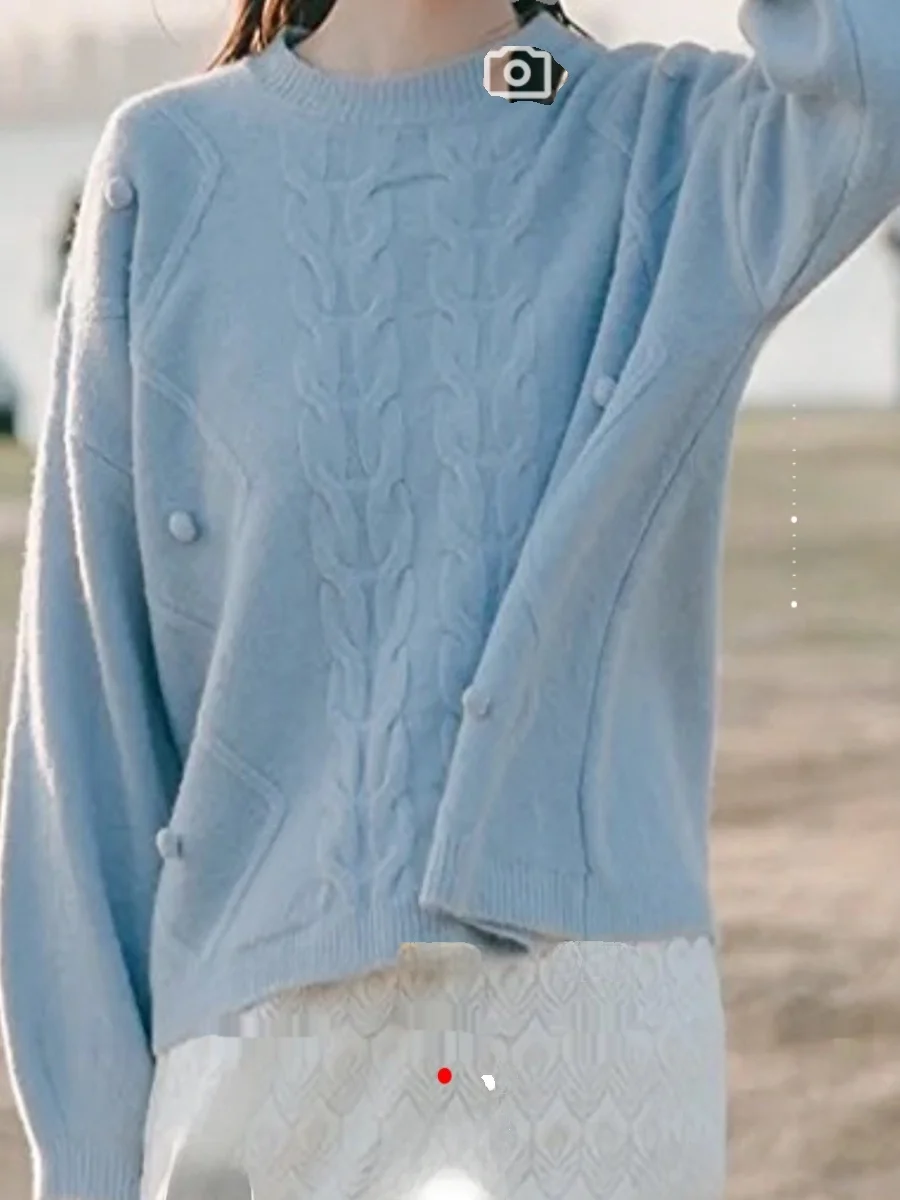 

Soft Cozy round Ne Sweater Autumn Winter Loose Fit Overhead Long Sve Knittedwear Velvet Feeling Cuffed Sve Pure Color