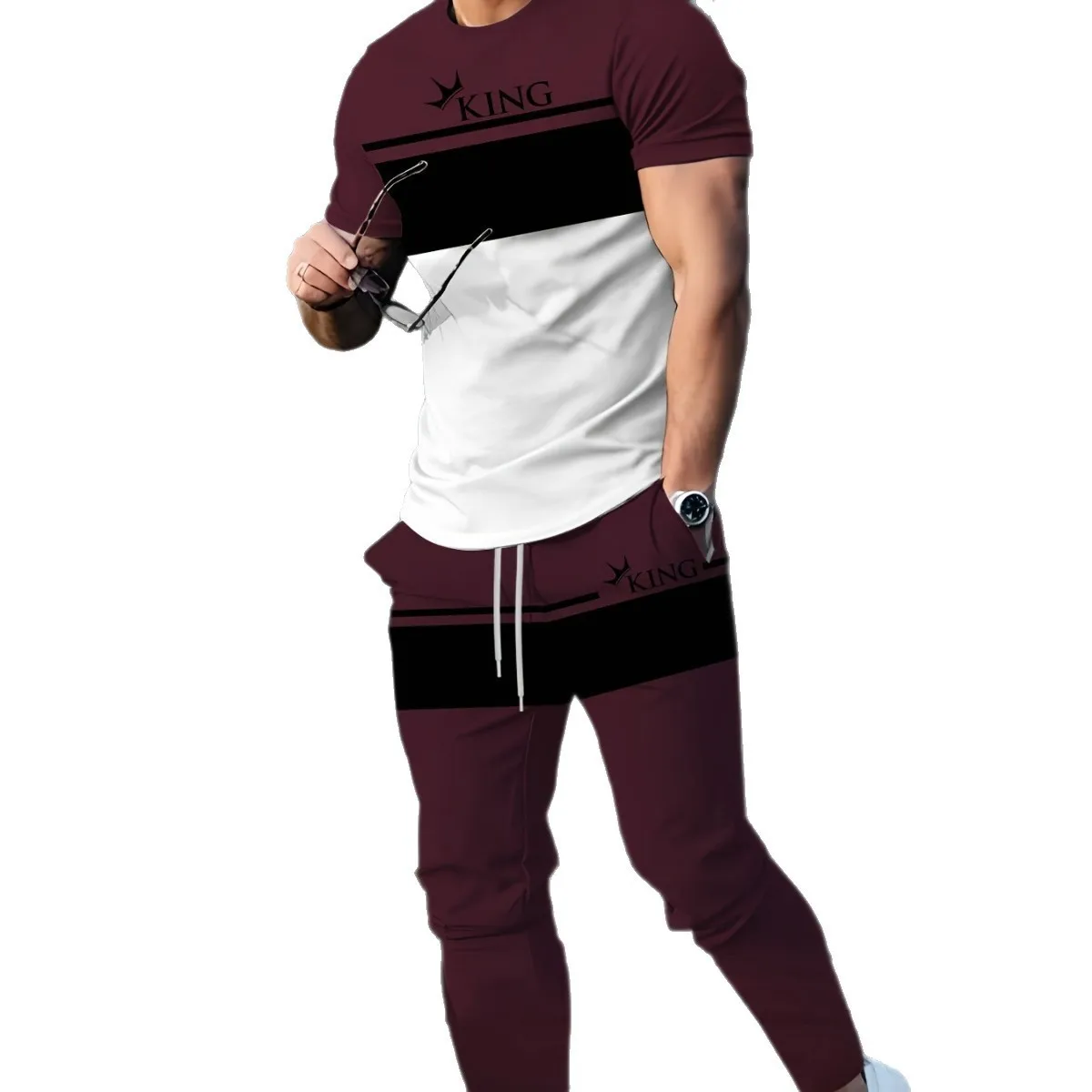 2025 Summer Mens Short Sleeve  Long Pants Set  Casual Fashion Minimalist Trendy 3D Printed T Shirt Outfit