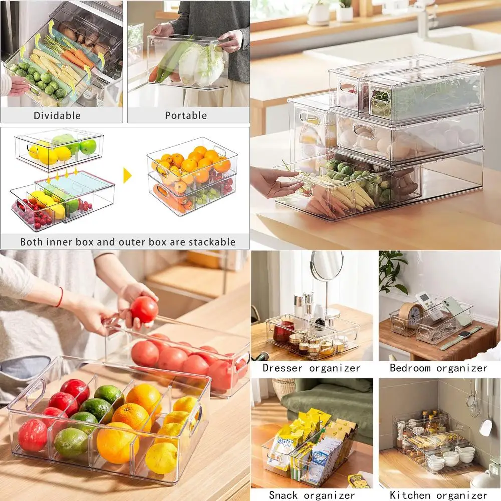 

Штабелируемые прозрачные ящики для холодильника с ручками для хранения продуктов, холодильника, морозильной камеры и организации кухни