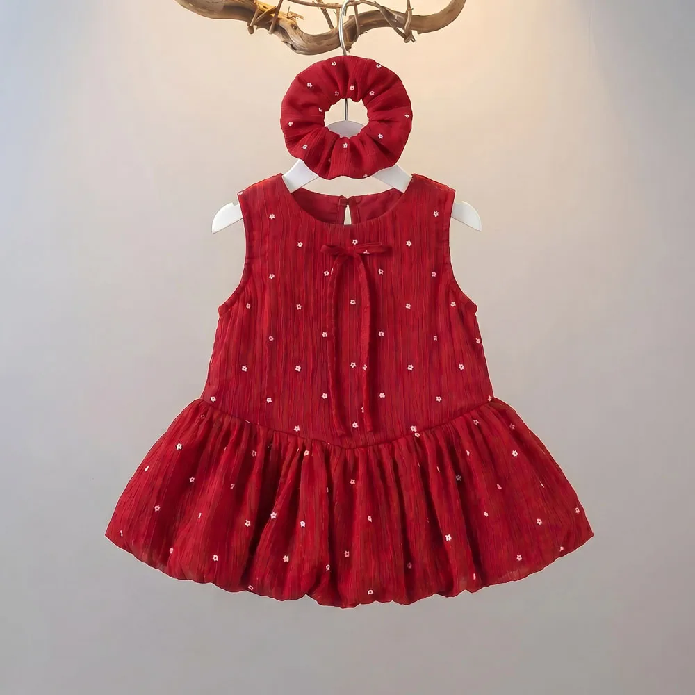 (Girls 0-10 Years Old) Summer New Arrival Girls Dress  Sweet Princess Dress with Hair Tie Baby Girls Red Birthday Party Dresses