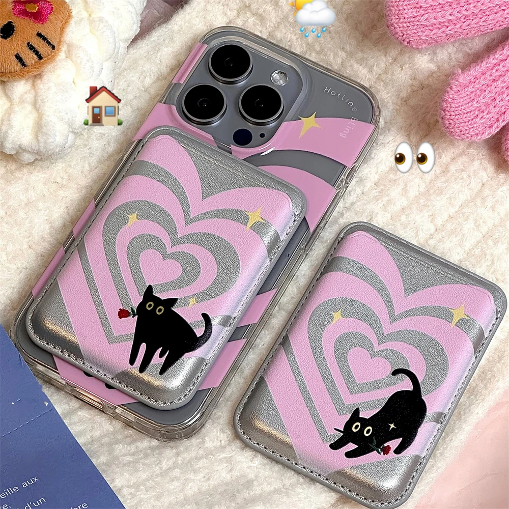 Cute Gradient Love Heart For Magsafe Magnetic Card Holder Case For iPhone 15 Pro Wallet Card Holder Cute Cat Phone Accessories