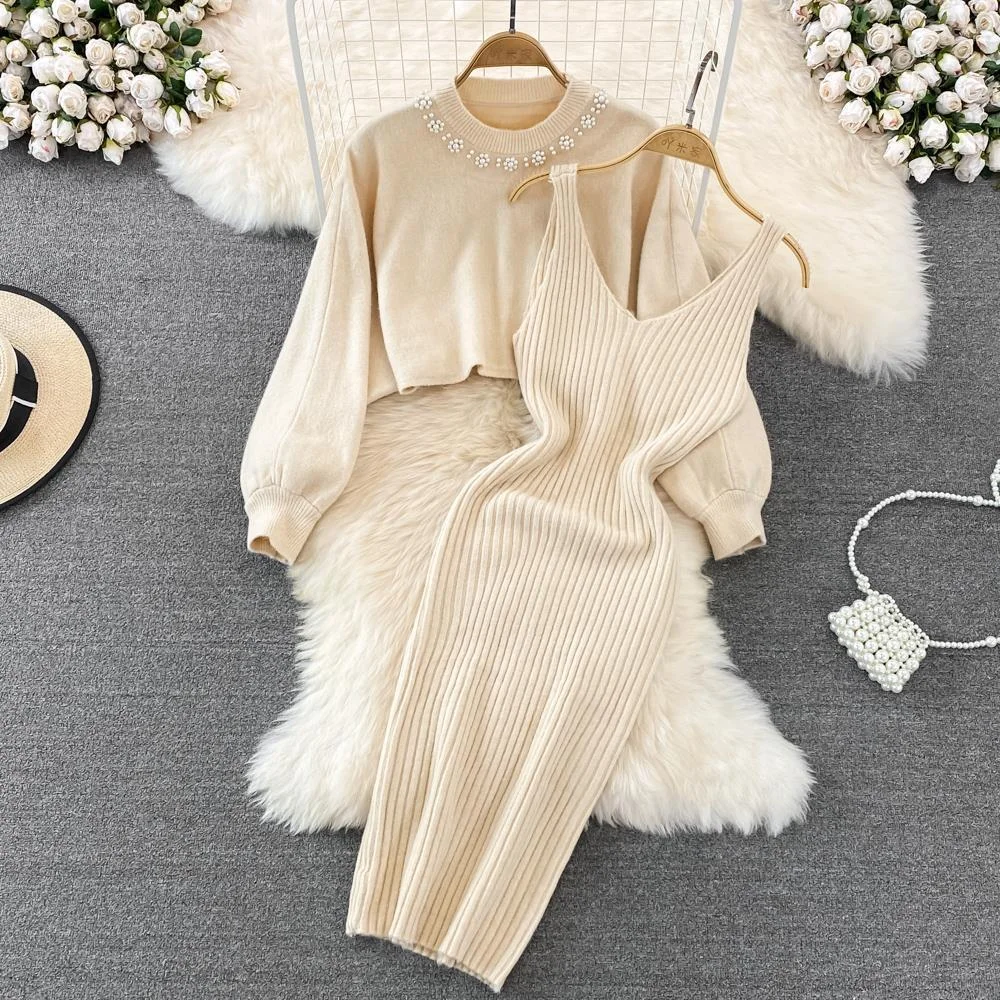 2024 New Arrival Socialite Look Sweater Elegant Tweed Style High-waisted Knitted Sweater Dress 2 PCS Set For Women Autumn/winter