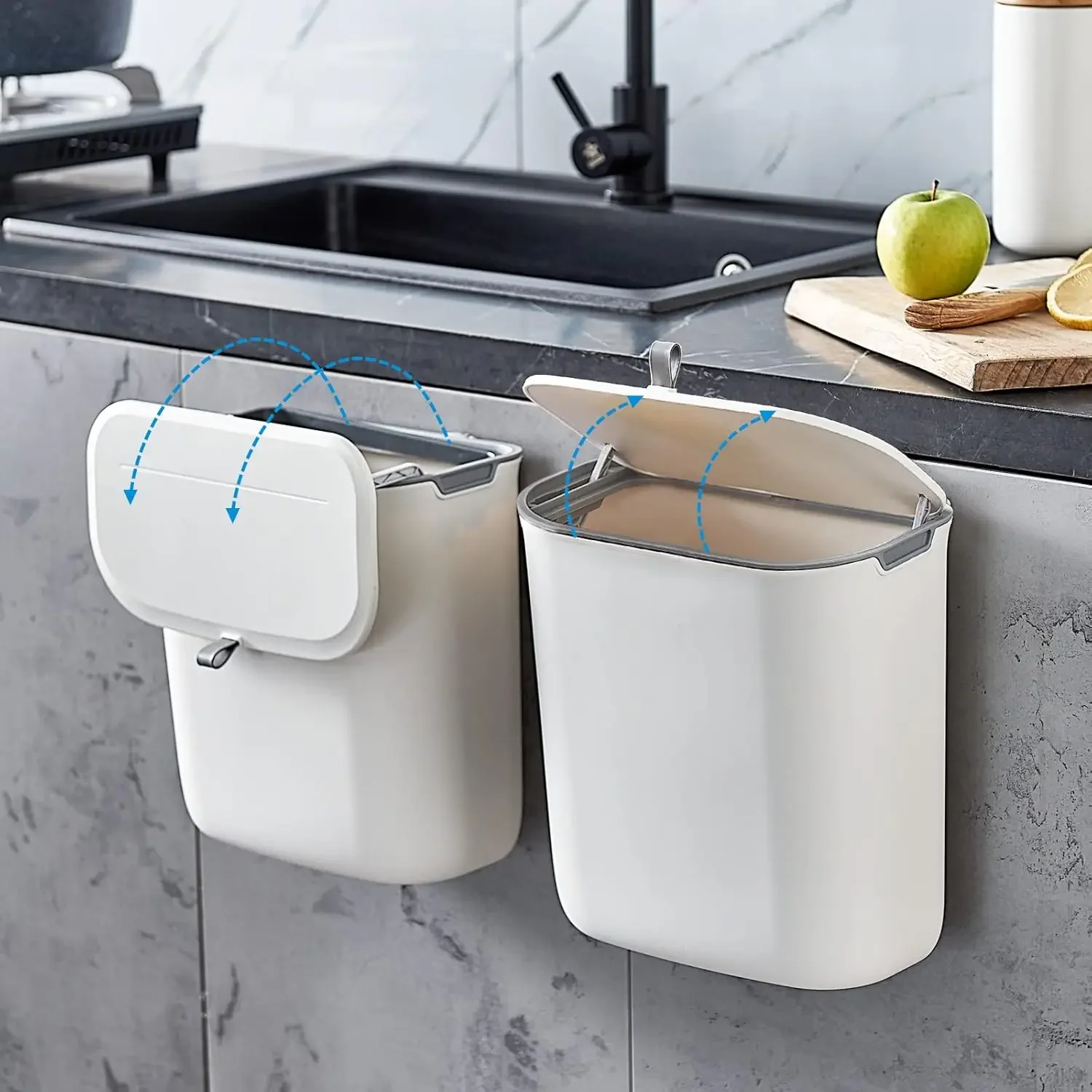 7L Hanging Trash Can with Lid Plastic Wall-Mounted Garbage Can Small Kitchen Trash Bin Kitchen Compost Bin for Under Sink