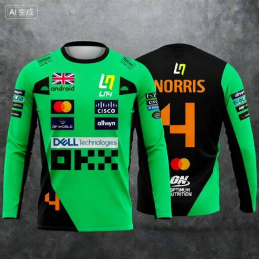 تي شيرت Lando Norris NO.4 2025 بأكمام طويلة على طراز السباق الجديد، بدلة سباق رياضية شديدة، ملابس رياضية بأكمام طويلة قابلة للتنفس