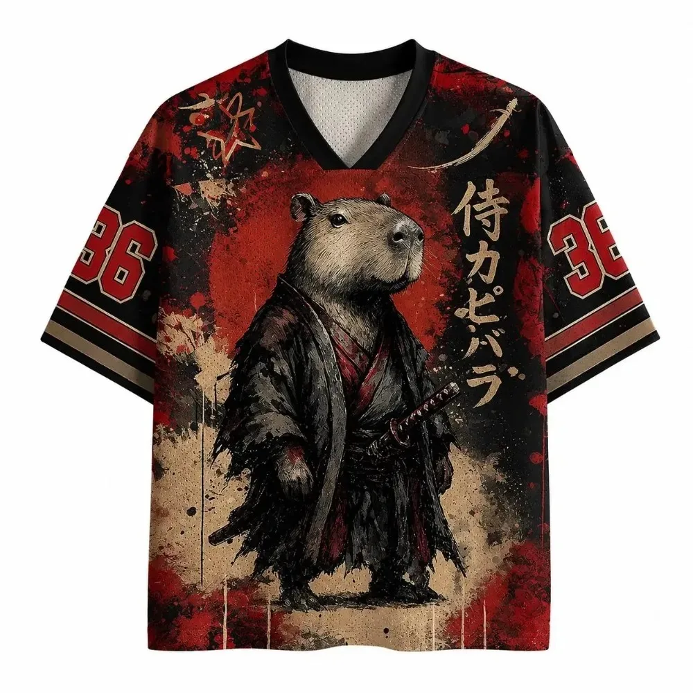 Capybara Samurai Dark Bushido 3D Printed Men Women T-shirts V-neck Fashionable Casual Outdoor Breathable Quick-Dry Parent-Child