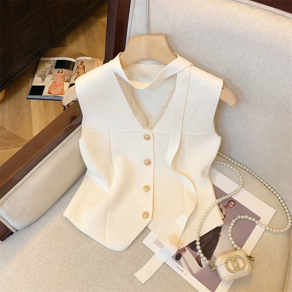 Lace V-neck Streamer Vest For Women Summer Style High-end Single-breasted Suit Vest Sleeveless Top For Women