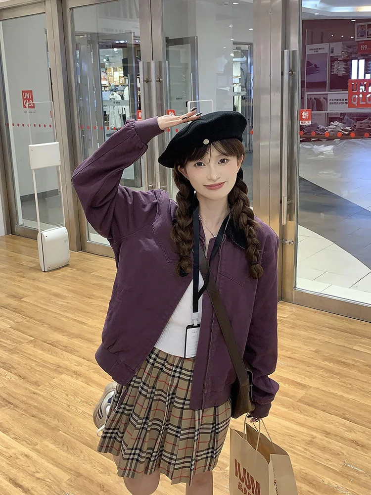 

Retro American Sle Women's Denim Jaet Purple Lav Turn-down Collar Spring Autumn 2024 New Baseball Sle Workwear Coat