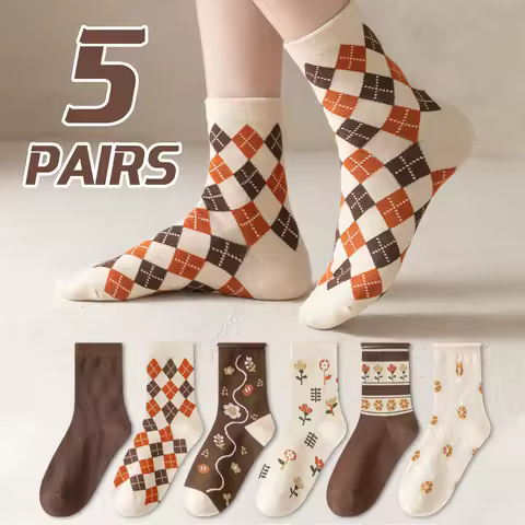 5 Pairs Women's Cotton Four Seasons Sweet Flower Leaf Grid Fashion College Wind Absorbing Sweat Breathable Middle Socks