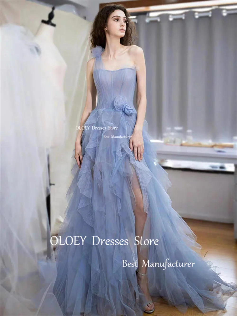 OLOEY Elegant Strapless Dusty Blue Evening Dress Ruffles Silky Organza Floor Length Wedding Party High Slit Performance Gown