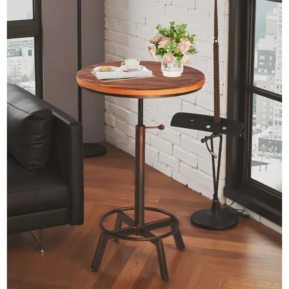 

Industrial Pub Table 23.6" Round Wood Top Adjustable Height 30.3"-35.4" with Handle Copper Bar Table