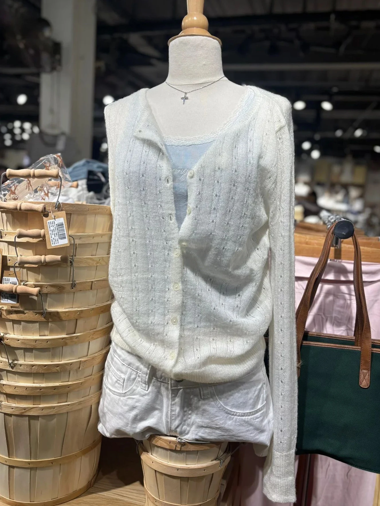 

Beige Eyelet Sweater Cardigan Woman Autumn O-neck Long Sleeve Cotton Thin Knitted Smock Female Casual Simple All-match Knitwear